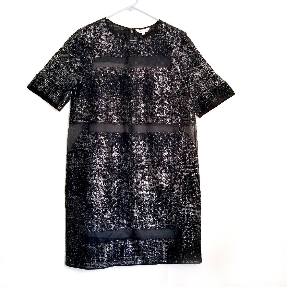 Rebecca Taylor Shiny LBD Dress Size 8 Semi Sheer Black Mesh Short Sleeves